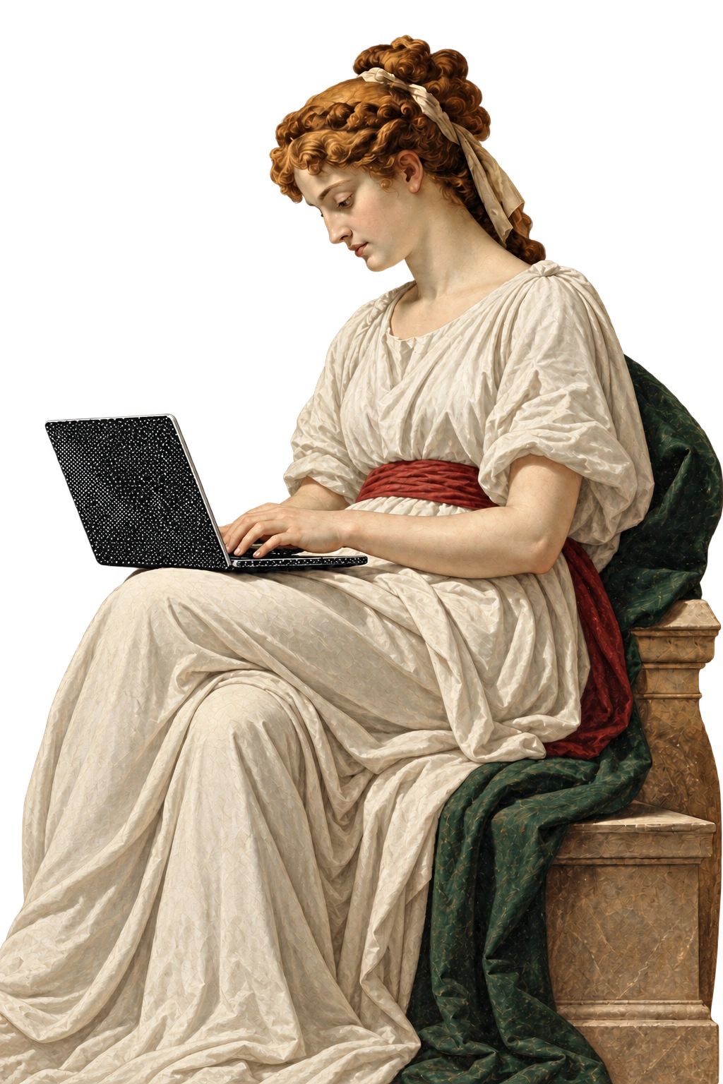 Painted woman with auburn curls in an ivory gown, seated on a carved marble chair with forest-green drapery